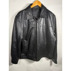 Roundtree & Yorke Mens Black Leather Jacket Full Zip Classic Bomber Coat Large